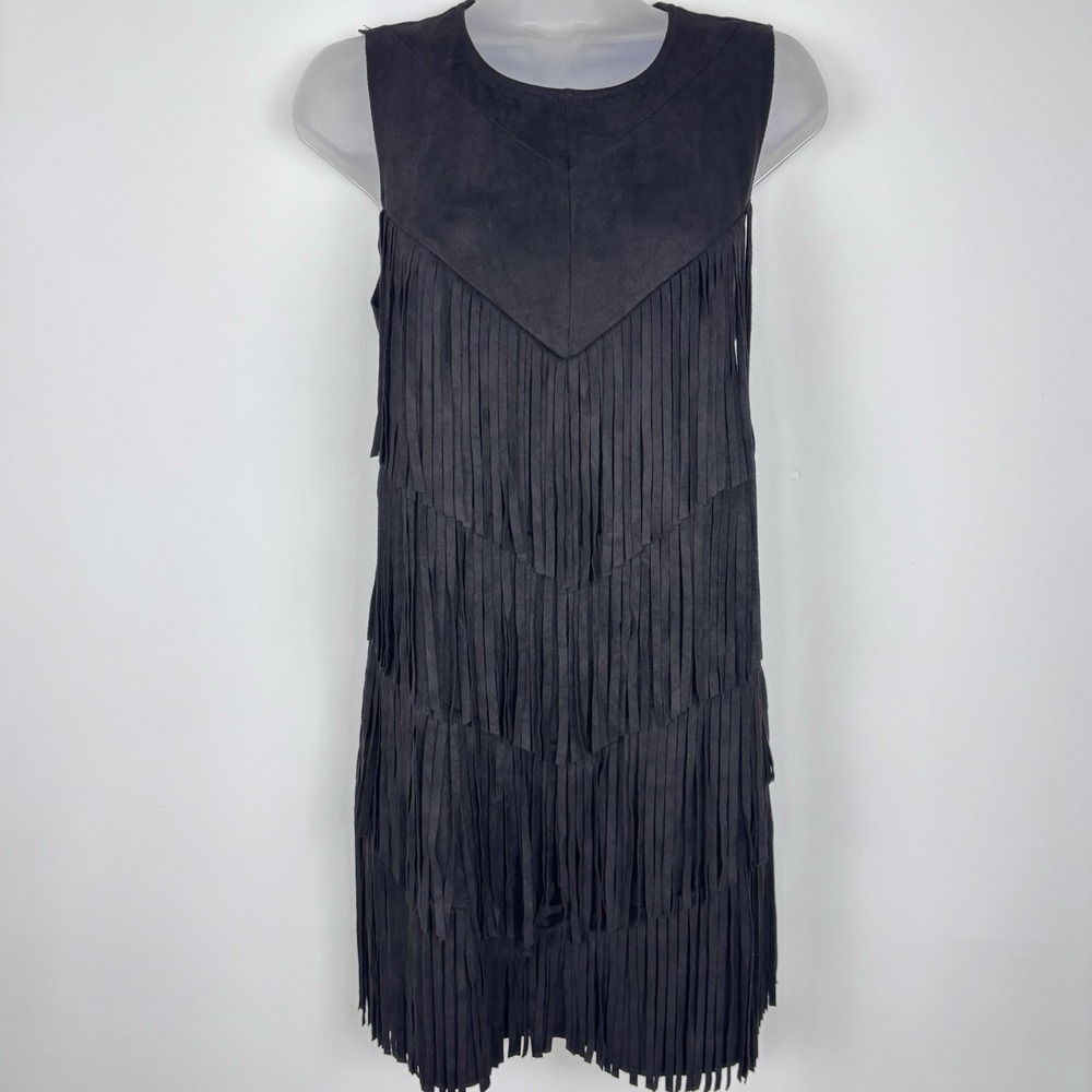 Cotton Bleu Dress S Black Mini Fringe Western Cowgirl Festival Boho Vegan Suede